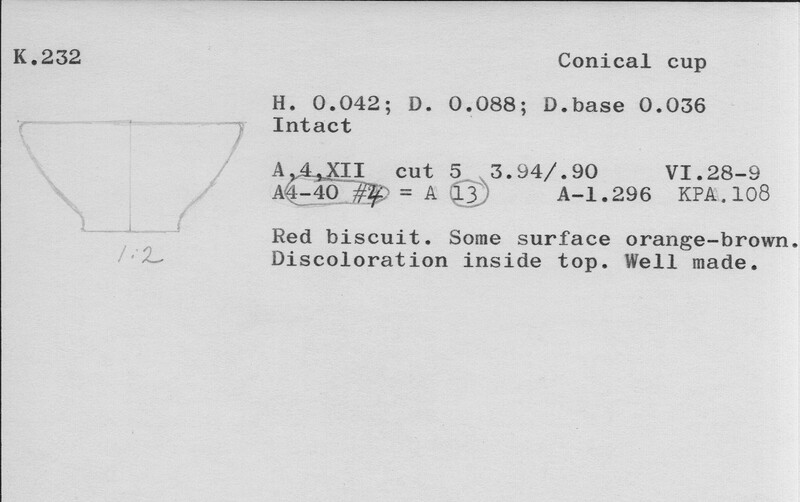 Index card with typed and handwritten information, sometimes including a sketch, of pottery from an excavation.