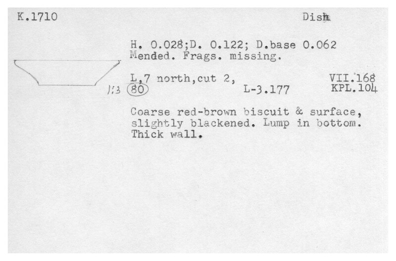 Index card with typed and handwritten information, sometimes including a sketch, of pottery from an excavation.