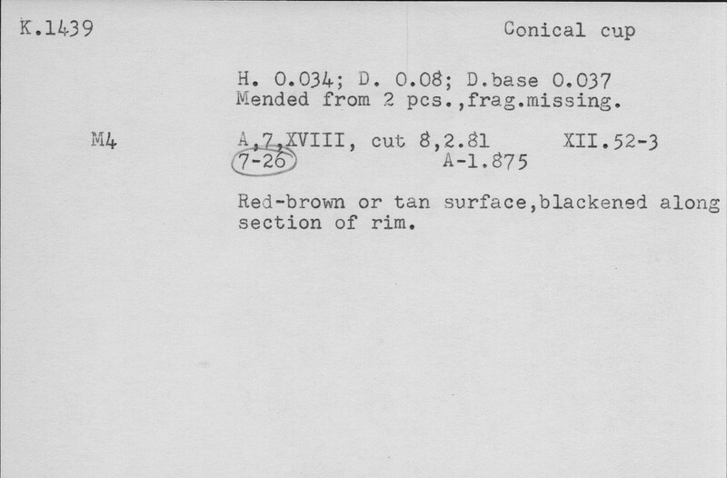 Index card with typed and handwritten information, sometimes including a sketch, of pottery from an excavation.