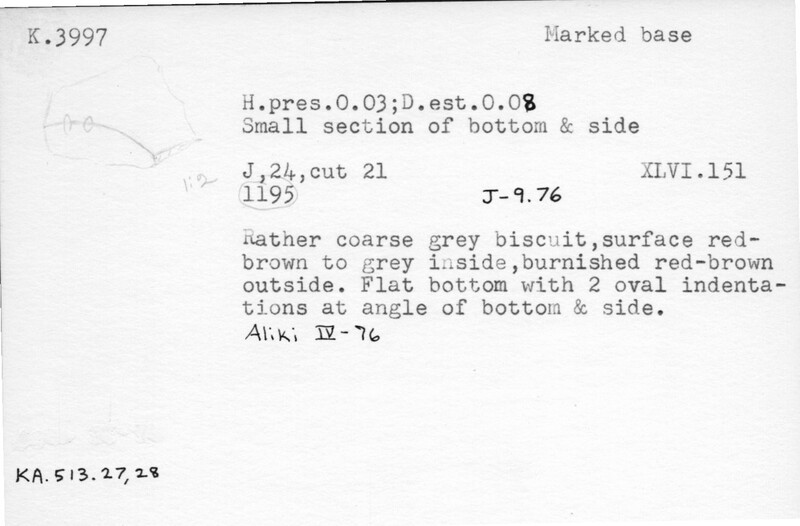 Index card with typed and handwritten information, sometimes including a sketch, of pottery from an excavation.