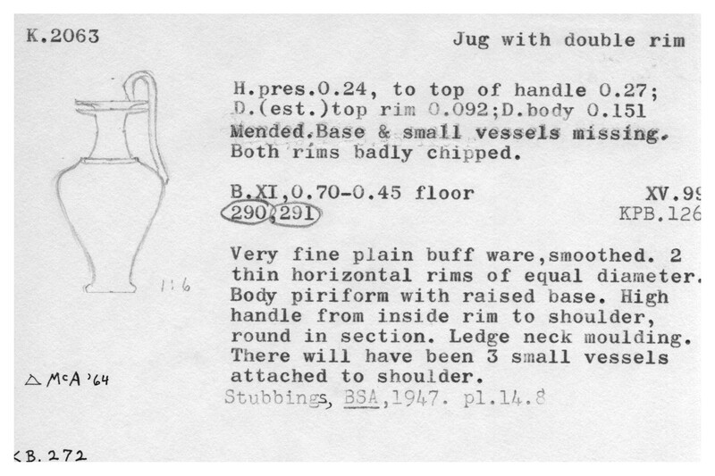 Index card with typed and handwritten information, sometimes including a sketch, of pottery from an excavation.