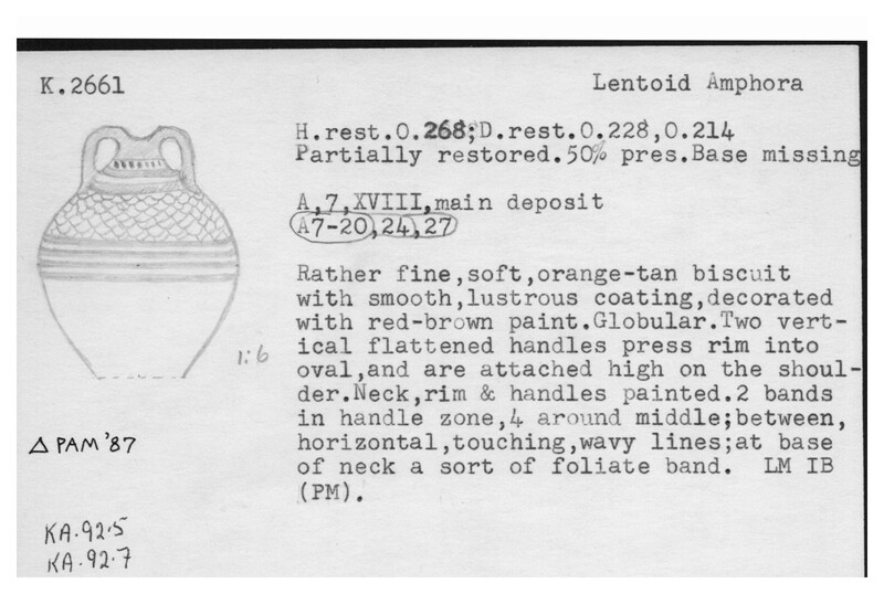 Index card with typed and handwritten information, sometimes including a sketch, of pottery from an excavation.