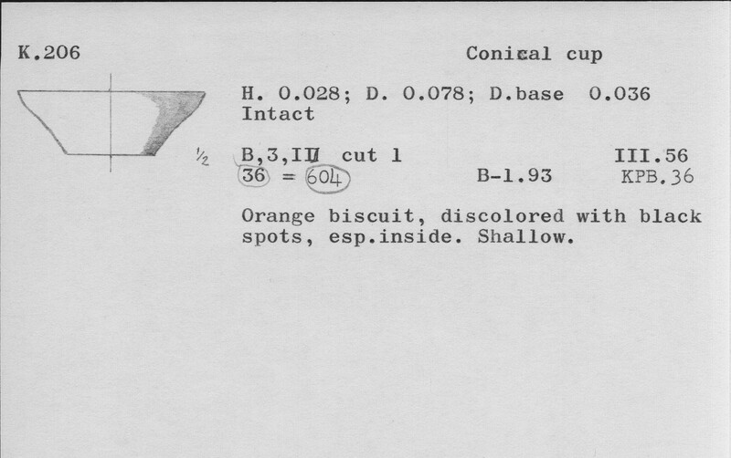 Index card with typed and handwritten information, sometimes including a sketch, of pottery from an excavation.