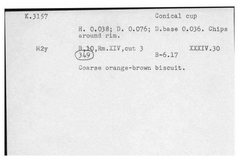 Index card with typed and handwritten information, sometimes including a sketch, of pottery from an excavation.