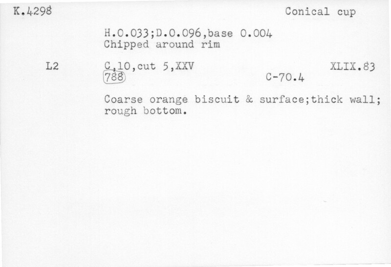 Index card with typed and handwritten information, sometimes including a sketch, of pottery from an excavation.