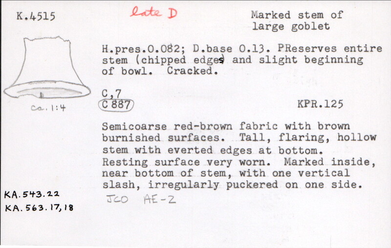 Index card with typed and handwritten information, sometimes including a sketch, of pottery from an excavation.