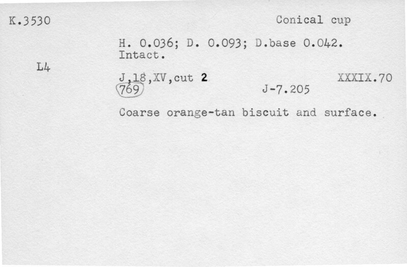 Index card with typed and handwritten information, sometimes including a sketch, of pottery from an excavation.
