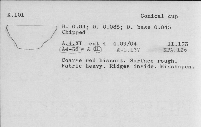 Index card with typed and handwritten information, sometimes including a sketch, of pottery from an excavation.