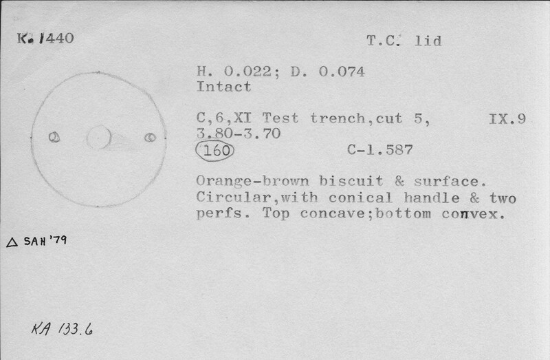 Index card with typed and handwritten information, sometimes including a sketch, of pottery from an excavation.