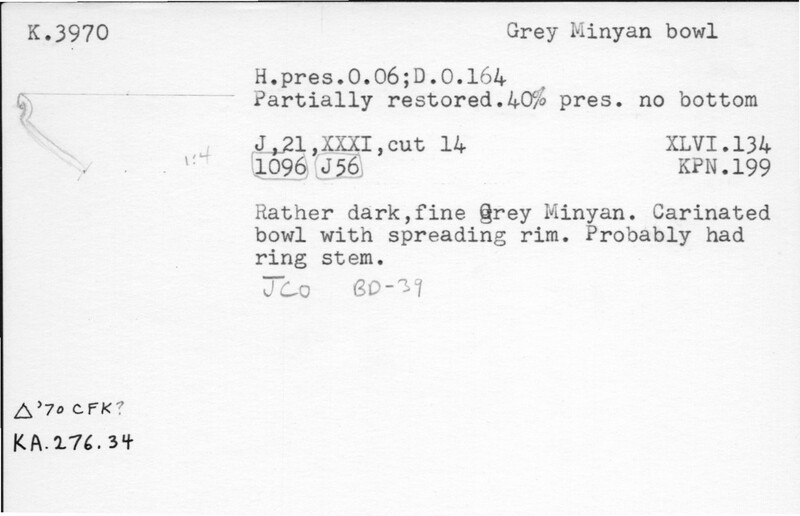 Index card with typed and handwritten information, sometimes including a sketch, of pottery from an excavation.