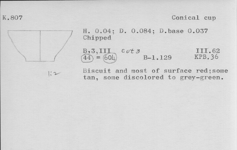 Index card with typed and handwritten information, sometimes including a sketch, of pottery from an excavation.