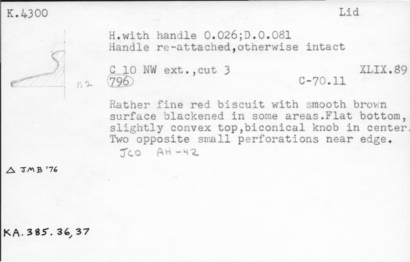 Index card with typed and handwritten information, sometimes including a sketch, of pottery from an excavation.