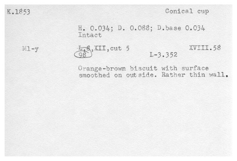 Index card with typed and handwritten information, sometimes including a sketch, of pottery from an excavation.
