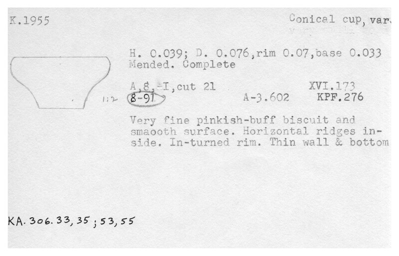 Index card with typed and handwritten information, sometimes including a sketch, of pottery from an excavation.
