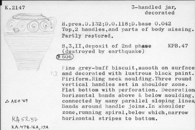 Index card with typed and handwritten information, sometimes including a sketch, of pottery from an excavation.