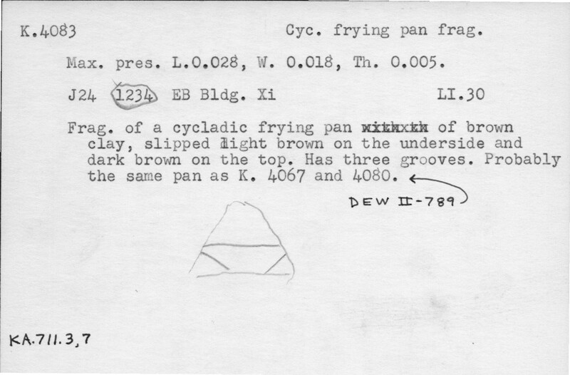 Index card with typed and handwritten information, sometimes including a sketch, of pottery from an excavation.