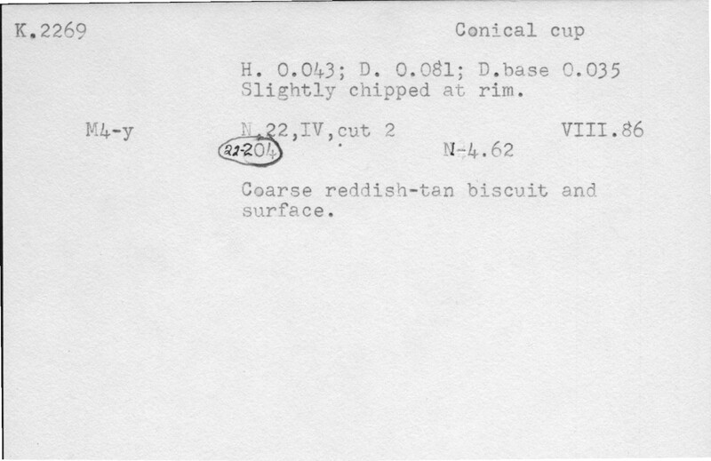 Index card with typed and handwritten information, sometimes including a sketch, of pottery from an excavation.