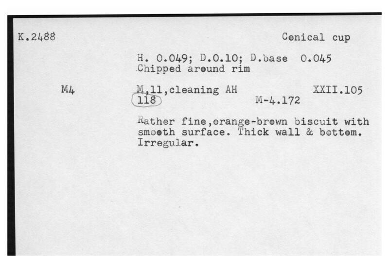 Index card with typed and handwritten information, sometimes including a sketch, of pottery from an excavation.