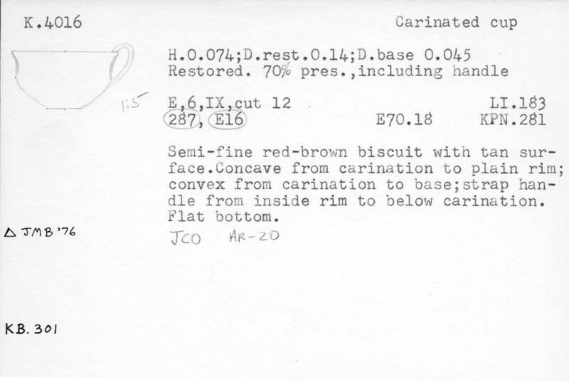 Index card with typed and handwritten information, sometimes including a sketch, of pottery from an excavation.