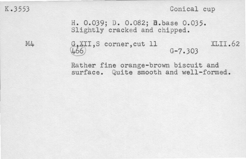 Index card with typed and handwritten information, sometimes including a sketch, of pottery from an excavation.