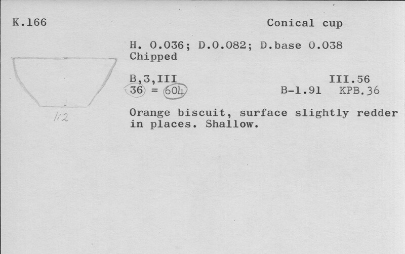 Index card with typed and handwritten information, sometimes including a sketch, of pottery from an excavation.