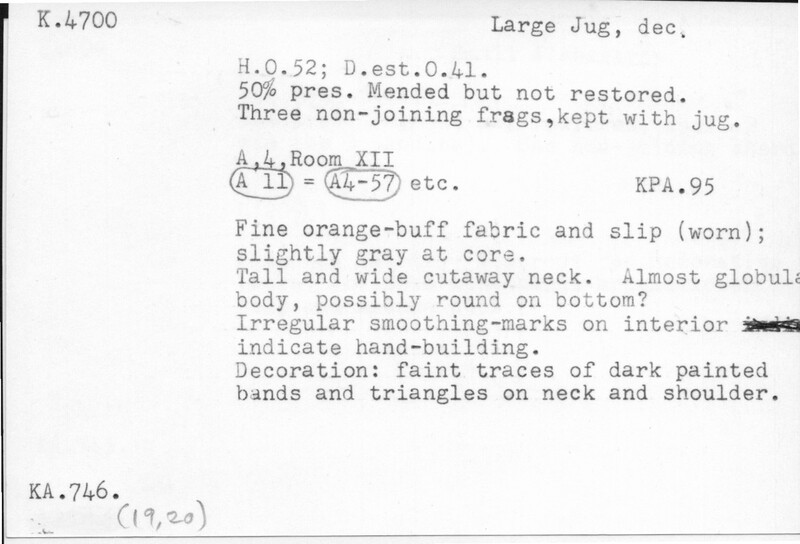 Index card with typed and handwritten information, sometimes including a sketch, of pottery from an excavation.