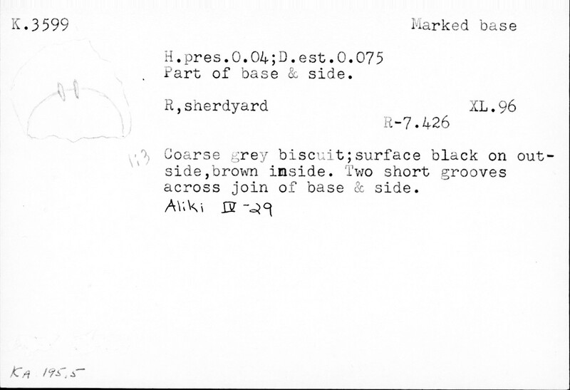 Index card with typed and handwritten information, sometimes including a sketch, of pottery from an excavation.