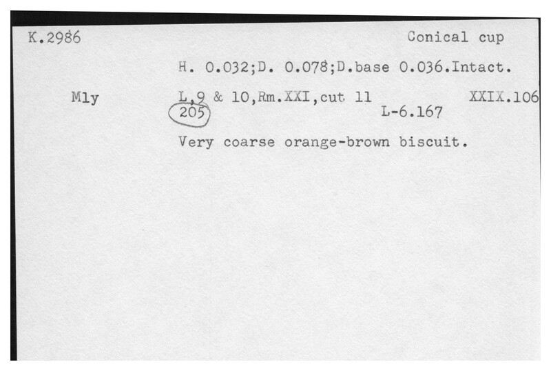 Index card with typed and handwritten information, sometimes including a sketch, of pottery from an excavation.