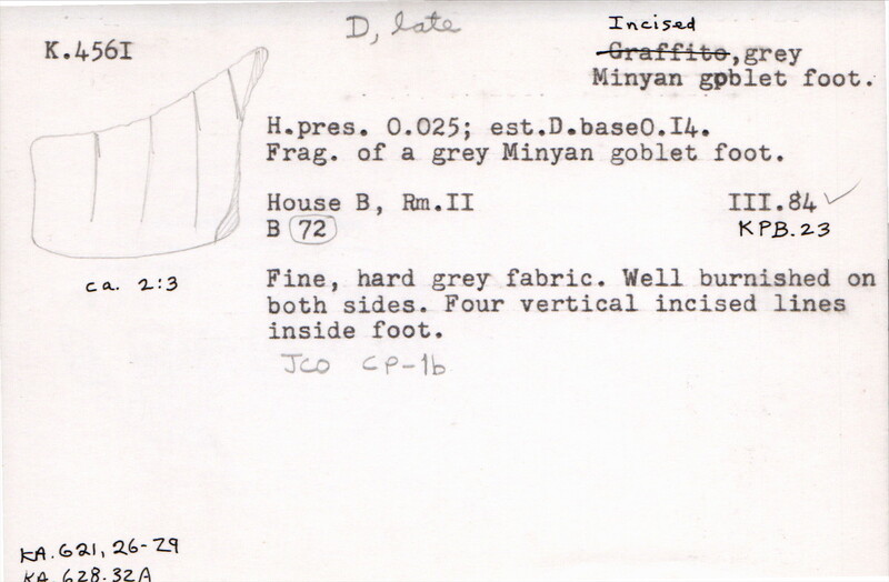Index card with typed and handwritten information, sometimes including a sketch, of pottery from an excavation.