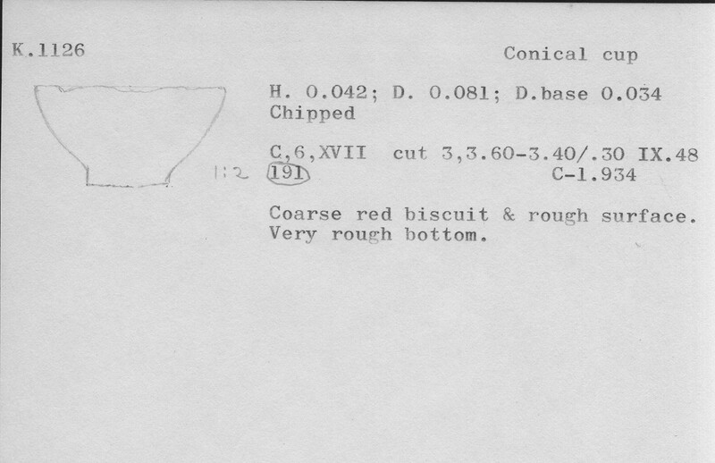 Index card with typed and handwritten information, sometimes including a sketch, of pottery from an excavation.