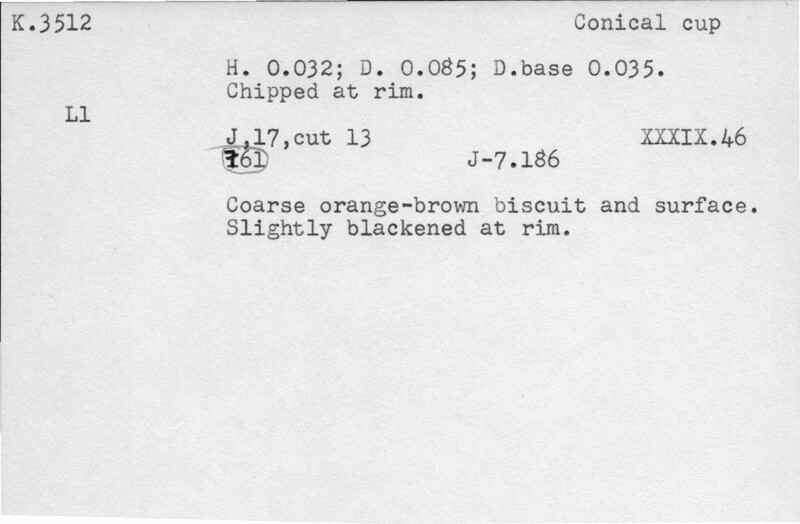 Index card with typed and handwritten information, sometimes including a sketch, of pottery from an excavation.