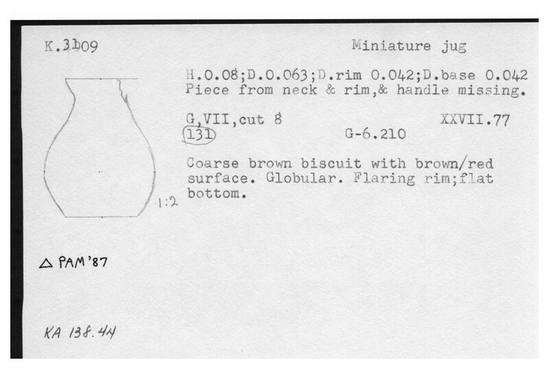 Index card with typed and handwritten information, sometimes including a sketch, of pottery from an excavation.