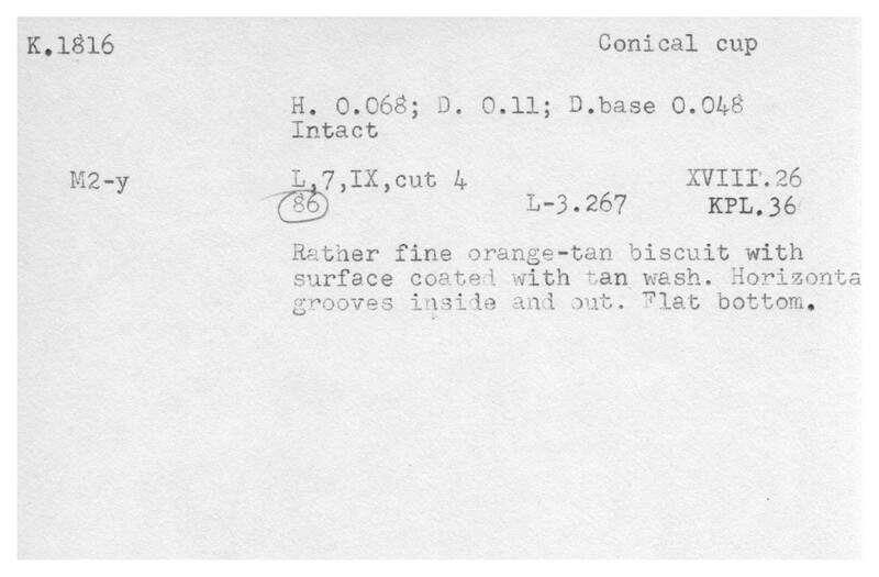 Index card with typed and handwritten information, sometimes including a sketch, of pottery from an excavation.