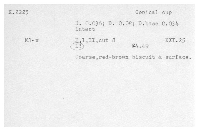 Index card with typed and handwritten information, sometimes including a sketch, of pottery from an excavation.