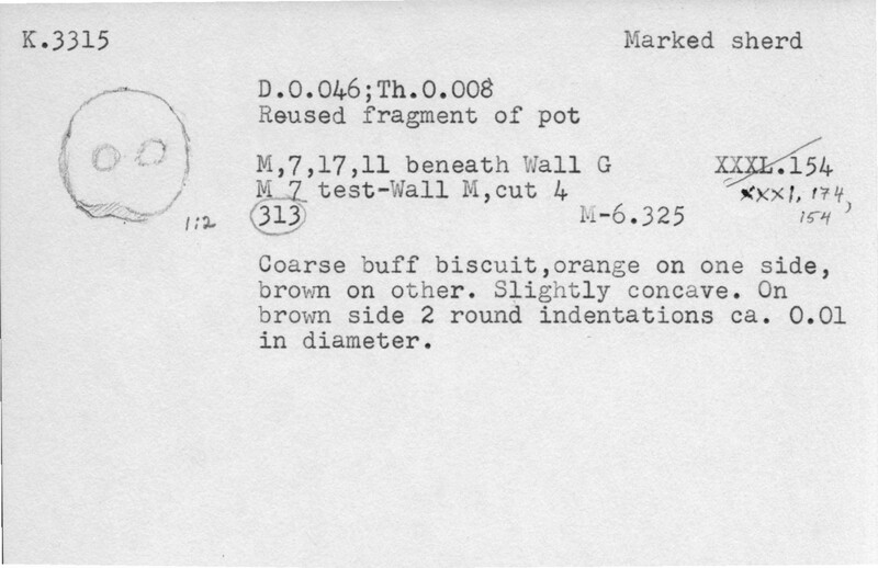 Index card with typed and handwritten information, sometimes including a sketch, of pottery from an excavation.