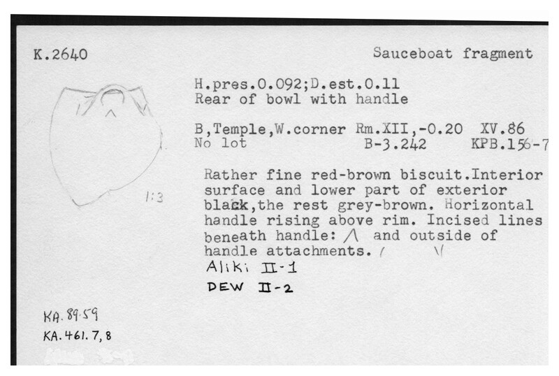 Index card with typed and handwritten information, sometimes including a sketch, of pottery from an excavation.