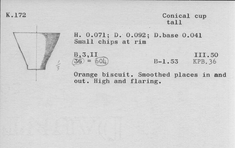 Index card with typed and handwritten information, sometimes including a sketch, of pottery from an excavation.