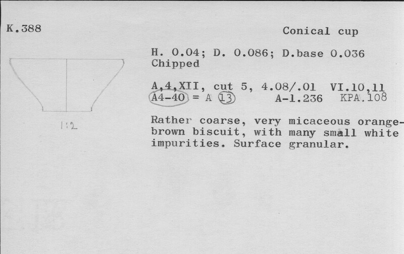 Index card with typed and handwritten information, sometimes including a sketch, of pottery from an excavation.