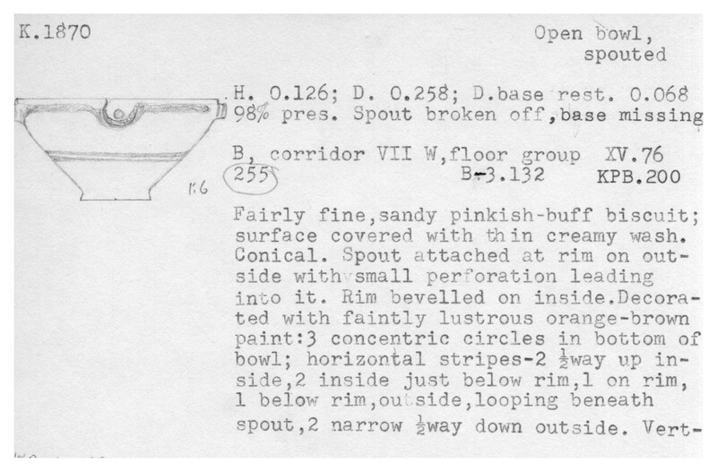 Index card with typed and handwritten information, sometimes including a sketch, of pottery from an excavation.