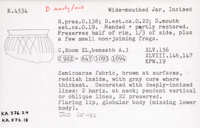 Index card with typed and handwritten information, sometimes including a sketch, of pottery from an excavation.