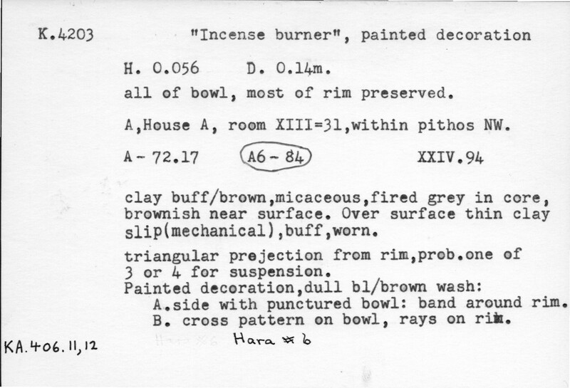 Index card with typed and handwritten information, sometimes including a sketch, of pottery from an excavation.