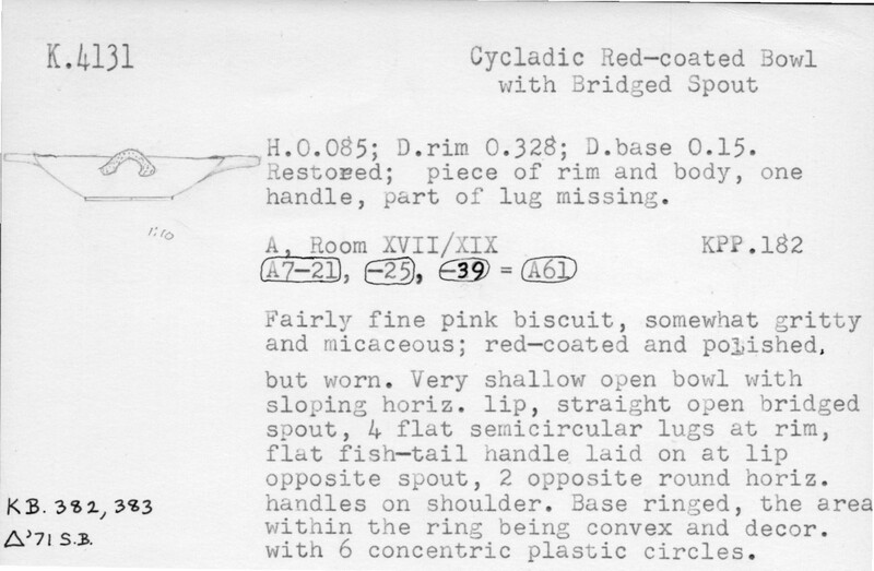 Index card with typed and handwritten information, sometimes including a sketch, of pottery from an excavation.
