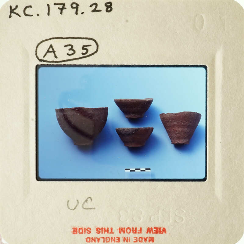 Five ceramic shards on blue background with labels and measurements.