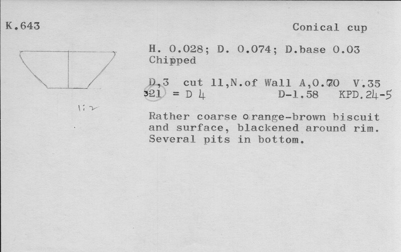 Index card with typed and handwritten information, sometimes including a sketch, of pottery from an excavation.