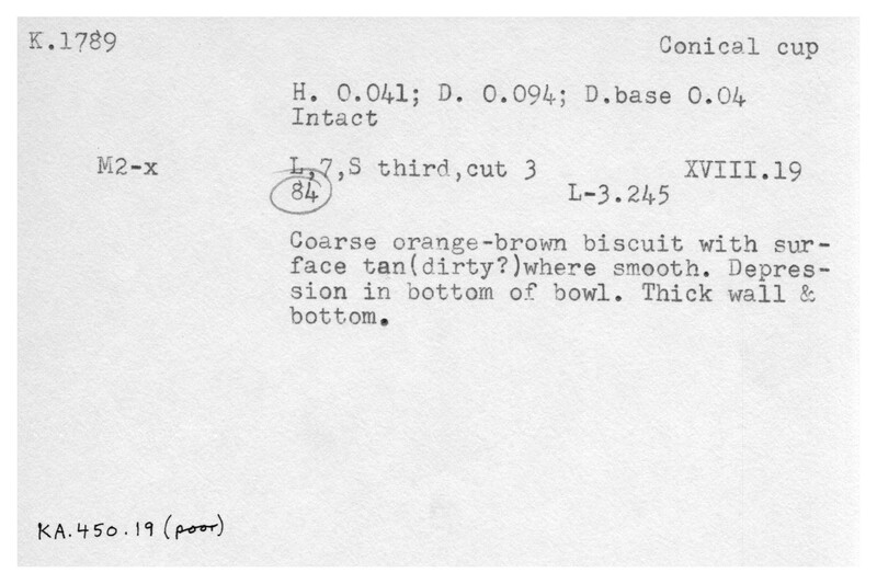 Index card with typed and handwritten information, sometimes including a sketch, of pottery from an excavation.