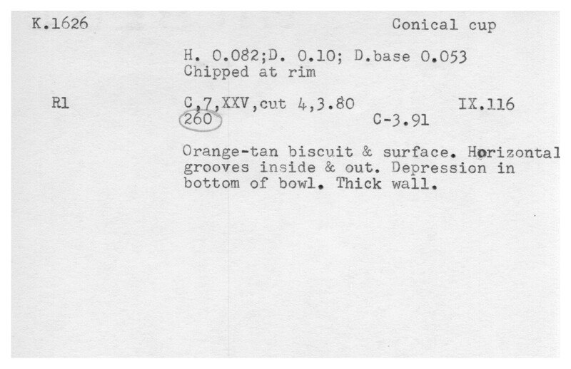 Index card with typed and handwritten information, sometimes including a sketch, of pottery from an excavation.