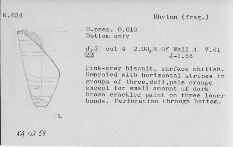 Index card with typed and handwritten information, sometimes including a sketch, of pottery from an excavation.