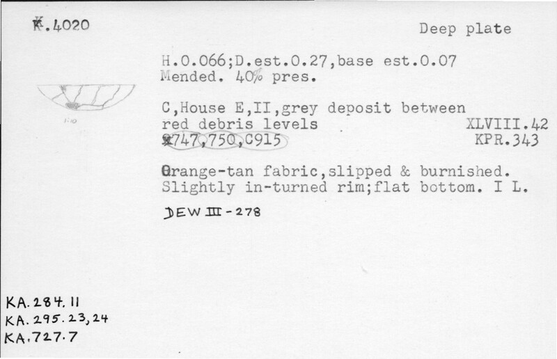 Index card with typed and handwritten information, sometimes including a sketch, of pottery from an excavation.