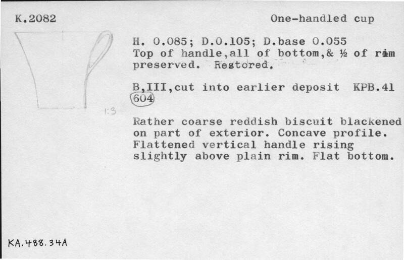 Index card with typed and handwritten information, sometimes including a sketch, of pottery from an excavation.