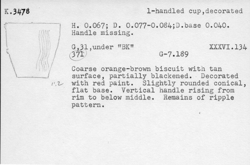 Index card with typed and handwritten information, sometimes including a sketch, of pottery from an excavation.